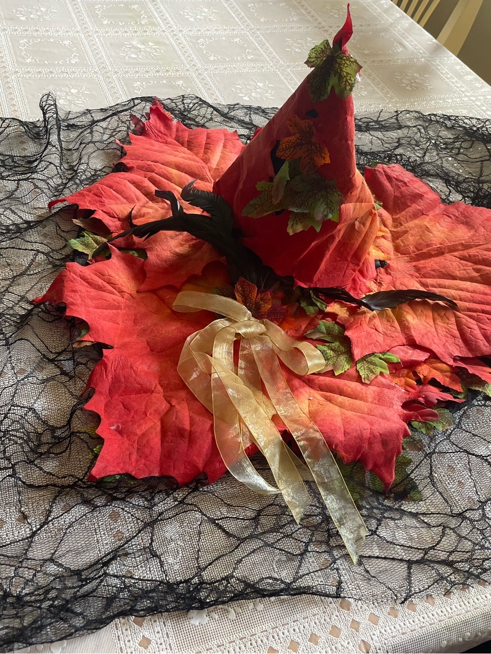 Autumn leaf witches hat with a black veil
